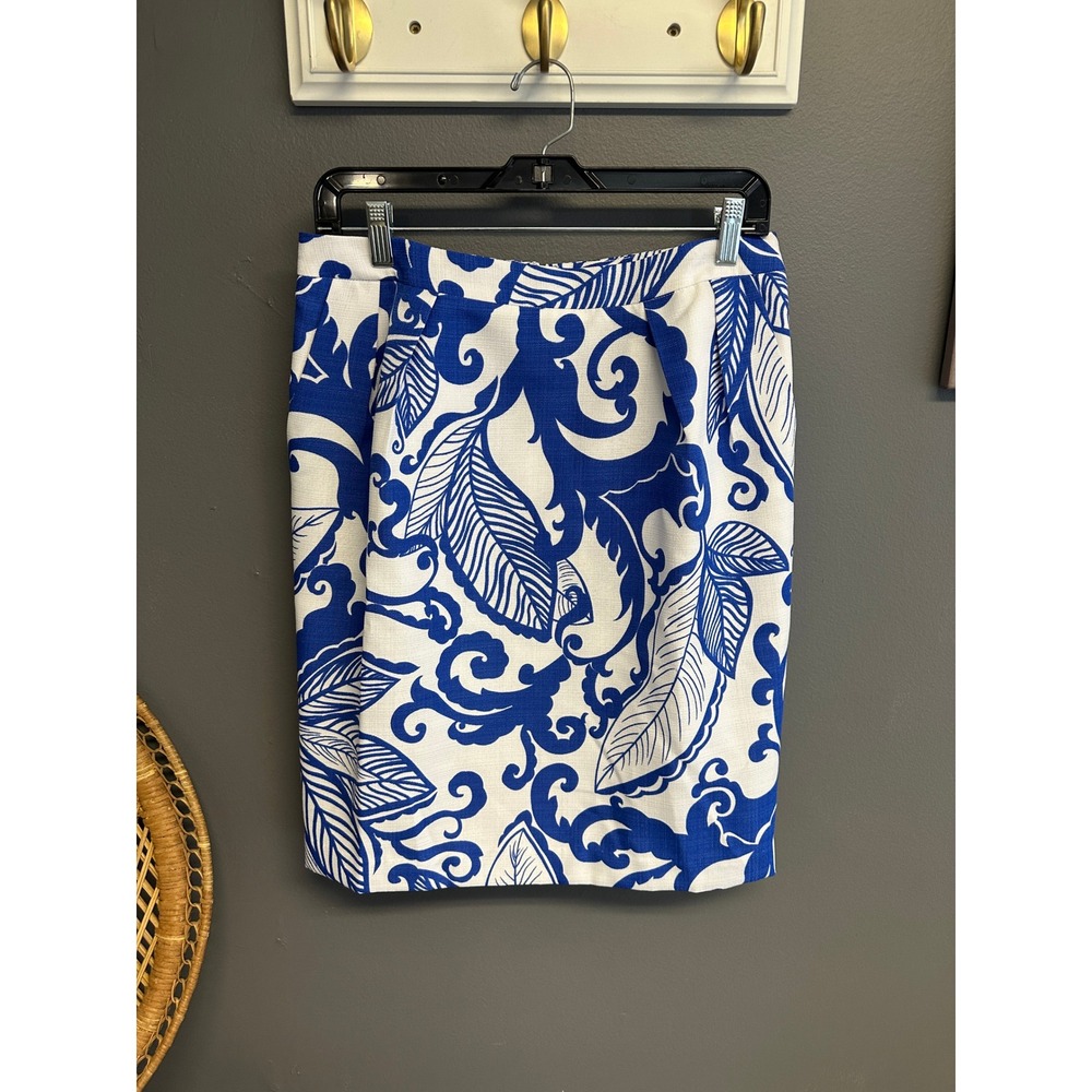 Attention‎ Blue White Tropical Scroll Leaf Print Pencil Skirt Womens 10 Lined